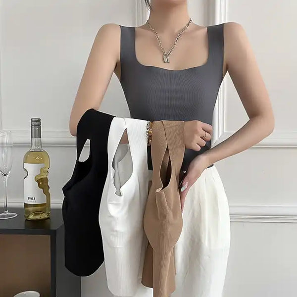 Square Neck Threaded Tank Top with Removable Pads